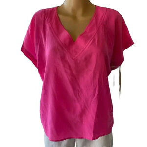 VTG Jordan New York Silk Hot Pink Blouse Top Women’s L 13/14 V Neck Short Sleeve